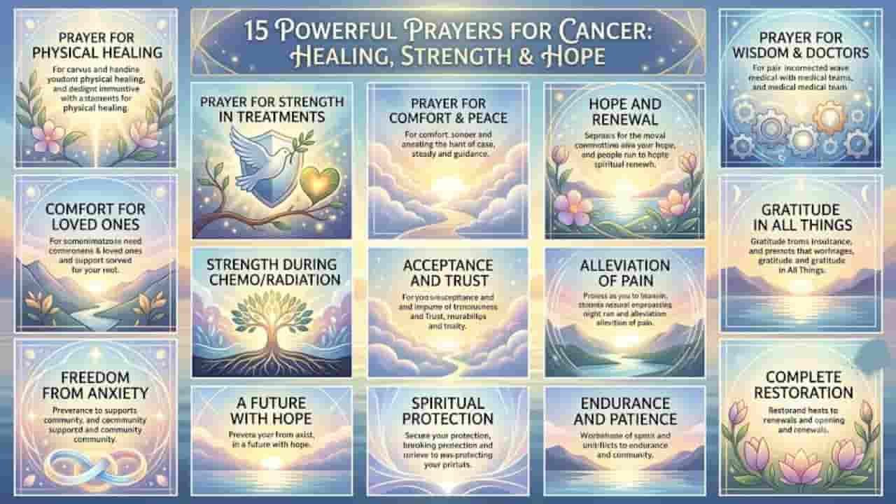 A grid-style graphic featuring 15 prayer cards for cancer patients, titled "15 Powerful Prayers for Cancer: Healing, Strength & Hope" at the top. Each card displays a title and prayer intention paired with soft, hopeful illustrations like glowing sunrises, blooming flowers, a white dove with an olive branch, and a rooted tree.