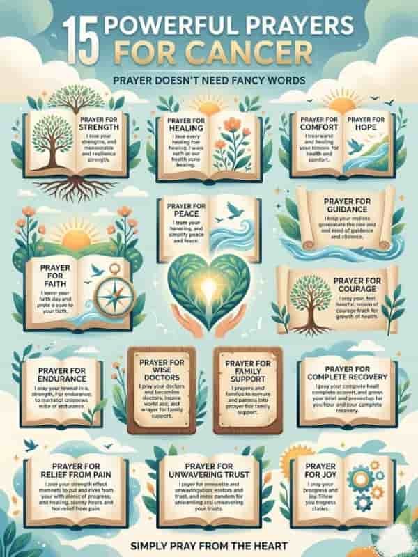 An infographic titled "15 Powerful Prayers for Cancer" featuring open books, scrolls, and nature symbols like trees, flowers, suns, and doves against a soft blue sky.