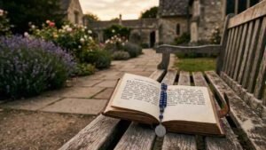 An open prayer book featuring closing prayers rests on a weathered wooden bench in a garden, with blue rosary beads draped across its pages " 2 prayers after rosary".