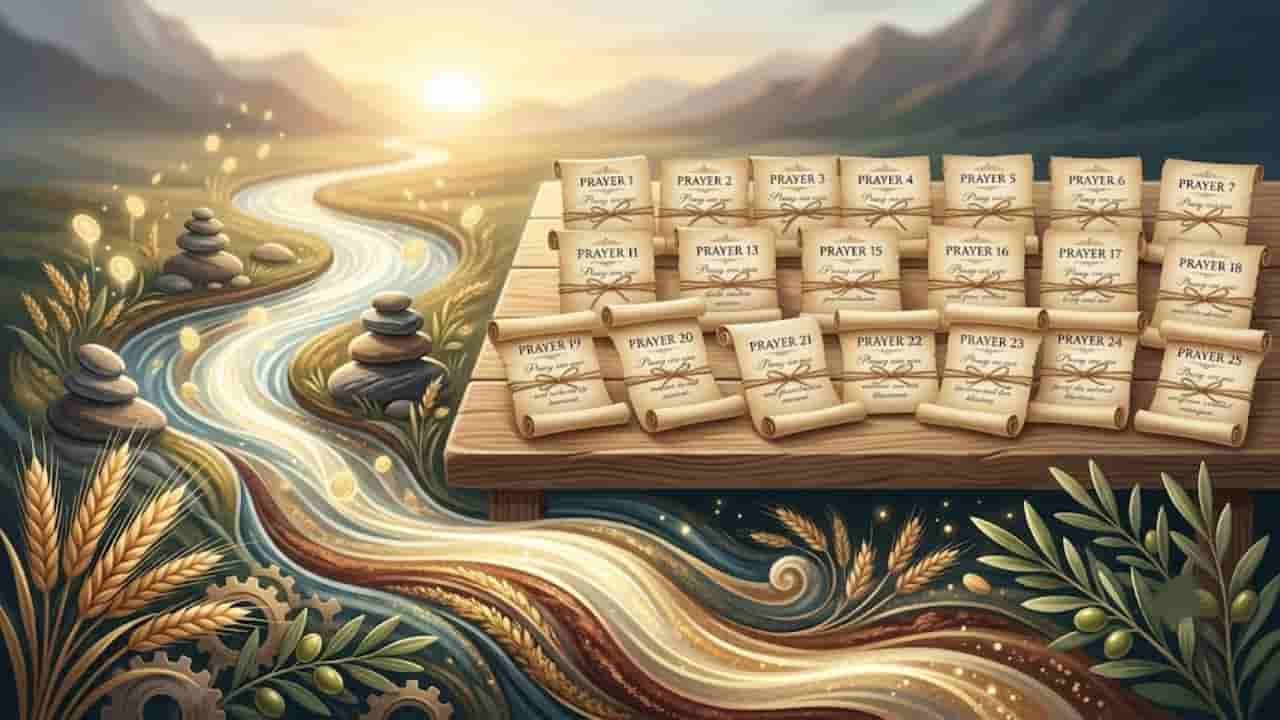 A collection of 25 small parchment scrolls labeled "Prayer 1" through "Prayer 25" arranged on a wooden table beside a flowing river with floating glowing coins, surrounded by wheat, olive branches, and smooth stones under a warm sunrise "prayers for finances".