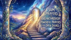 Watercolor illustration of a glowing open doorway leading to a starry sky, set beside a stone carved with "3AM Prayers for Breakthrough: Powerful Prayers for Open Doors"