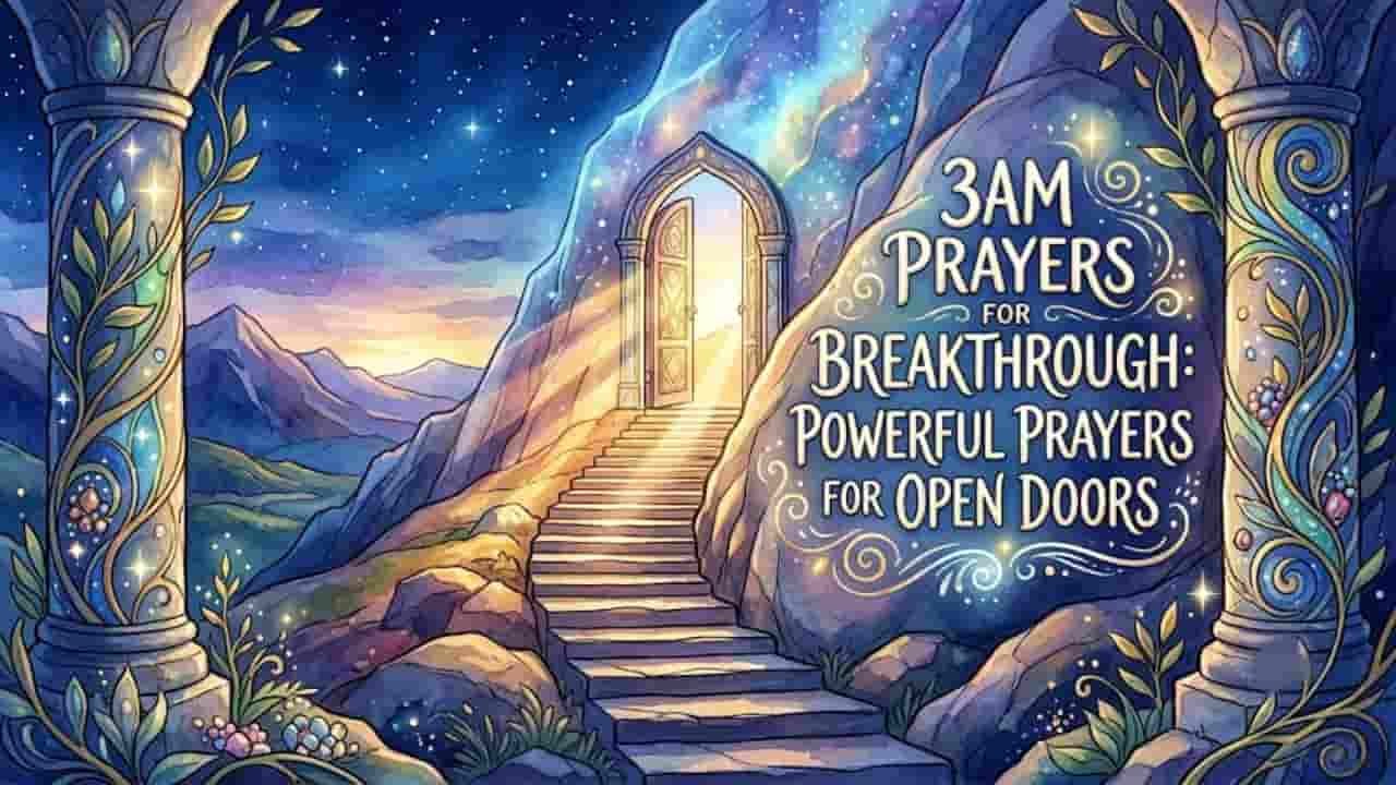 Watercolor illustration of a glowing open doorway leading to a starry sky, set beside a stone carved with "3AM Prayers for Breakthrough: Powerful Prayers for Open Doors"