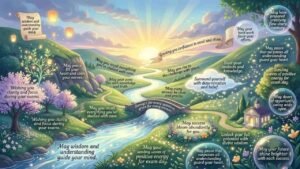 A 16:9 landscape illustration of a peaceful scenic pathway with glowing lanterns, flowers, and floating bubbles containing over 40 exam success wishes and prayers, and motivational messages.