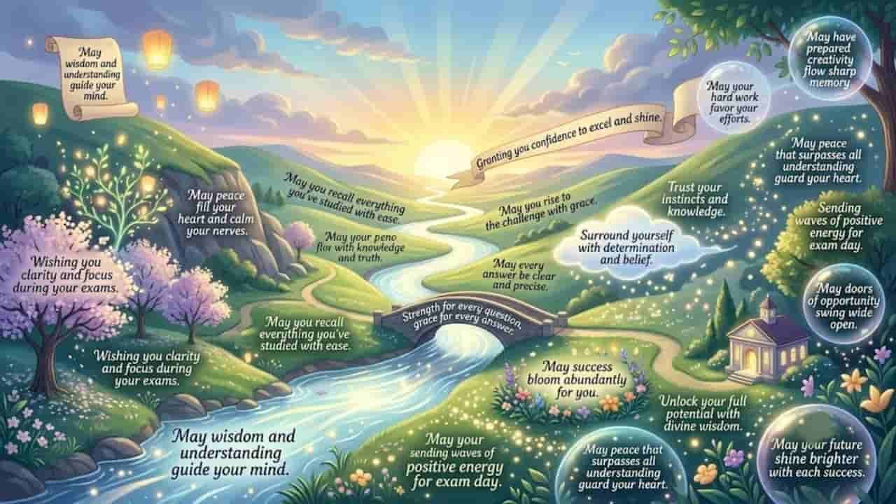 A 16:9 landscape illustration of a peaceful scenic pathway with glowing lanterns, flowers, and floating bubbles containing over 40 exam success wishes and prayers, and motivational messages.