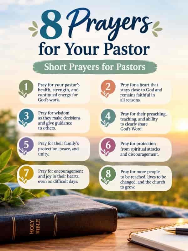 8 Prayers for Your Pastor with short prayers for pastors for health, wisdom, faith, protection, encouragement, and ministry.