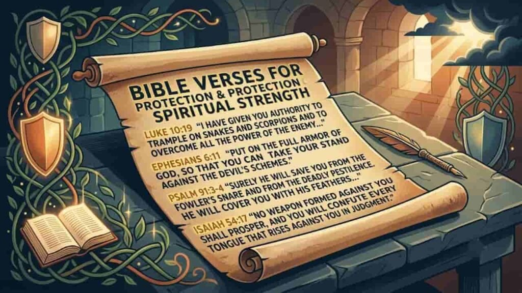 Ancient scroll displaying key Bible verses for protection and spiritual strength, set on a stone table with an open Bible and glowing shields in a 16:9 ratio.