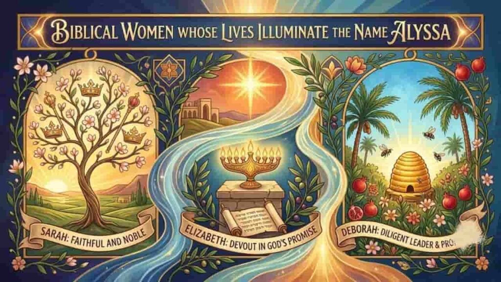 "An illustrated graphic titled 'Biblical Women Whose Lives Illuminate the Name Alyssa', showcasing three panels representing Sarah, Elizabeth, and Deborah with symbolic motifs and floral borders."