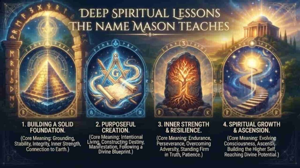 A 16:9 spiritual infographic titled "Deep Spiritual Lessons The Name Mason Teaches" featuring four distinct pillars with mystical symbols, glowing energy, and descriptive text.