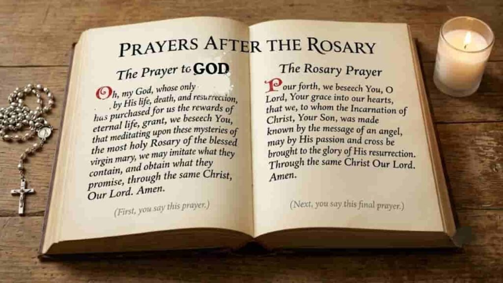 An open book displaying the prayers said after the Rosary, titled "Prayers After the Rosary", set on a wooden table beside a lit candle and rosary beads.