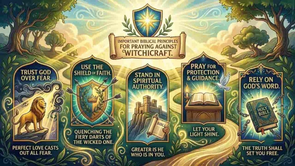 An infographic illustrating biblical principles for praying against witchcraft, featuring symbolic imagery such as a lion, shield, fortress, open Bible, and dove, with key scripture-based themes.