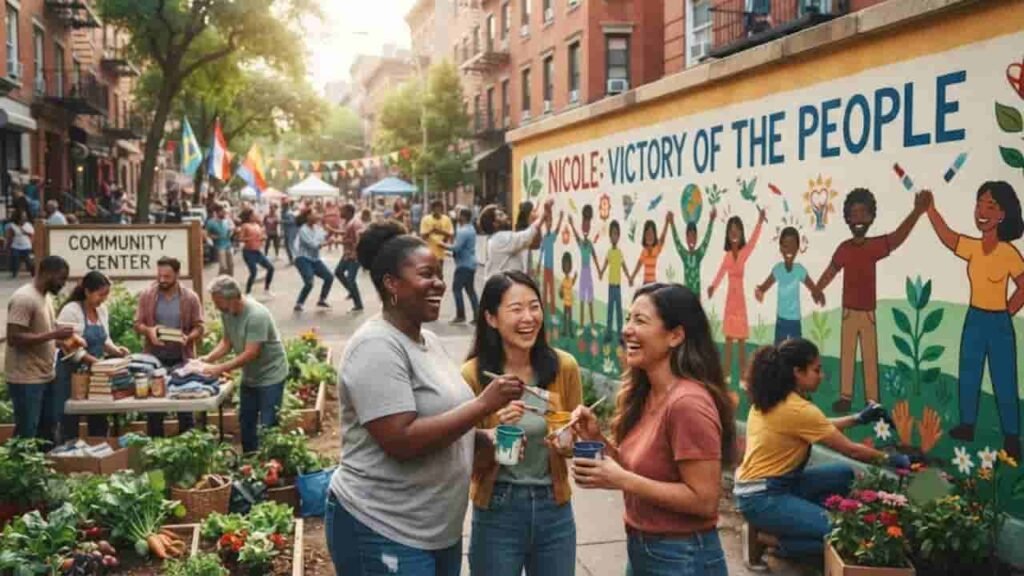 A diverse community gathering in an urban street to paint a mural reading 'NICOLE: VICTORY OF THE PEOPLE,' surrounded by community garden planters and people volunteering.