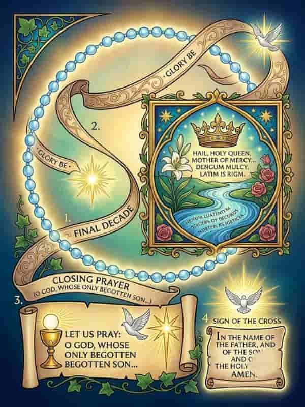 An illustrated visual guide outlining the sequence of closing prayers at the end of the Holy Rosary, featuring glowing blue beads, golden scrolls, radiant light bursts, white doves, and decorative floral frames.