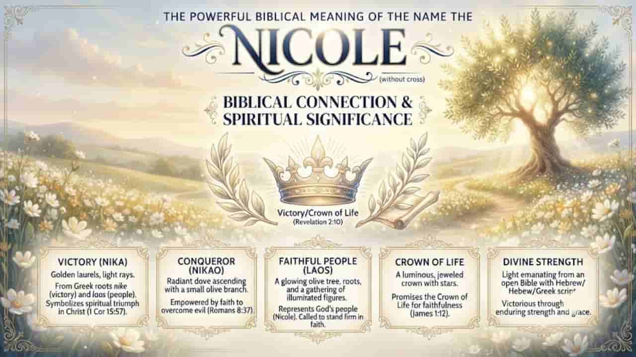 A The Powerful Biblical Meaning of the Name NICOLE spiritual banner featuring the name "NICOLE" at the top, flanked by elegant vintage flourishes. The central artwork showcases a radiant golden crown, olive laurel branches, an open scroll, and a majestic sunlit tree path surrounded by white flowers. Five distinct text boxes outline the spiritual meanings: Victory (Nika), Conqueror (Nikao), Faithful People (Laos), Crown of Life, and Divine Strength, adhering to a warm golden, cream, and sky-blue color palette without human figures or crosses.