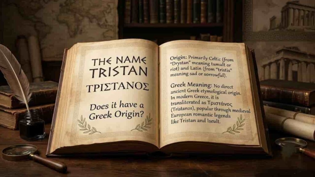 Illustration titled Tristan Meaning of the Name explaining Celtic roots, French influence, and Medieval lore on parchment paper background.