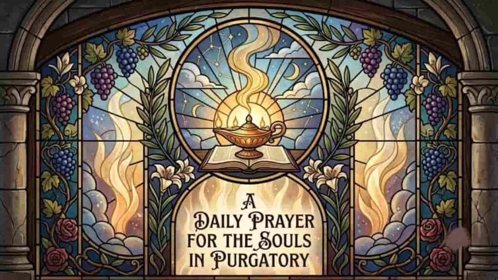 Stained-glass illustration featuring an oil lamp resting on an open book, surrounded by glowing flames, vines, lilies, and the text "A Daily Prayer for the Souls in Purgatory."