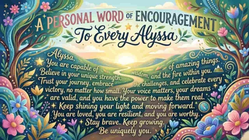 An uplifting landscape illustration titled "A Personal Word of Encouragement To Every Alyssa" featuring vibrant flowers, lush green hills, and a path leading toward a rising sun with inspiring text.