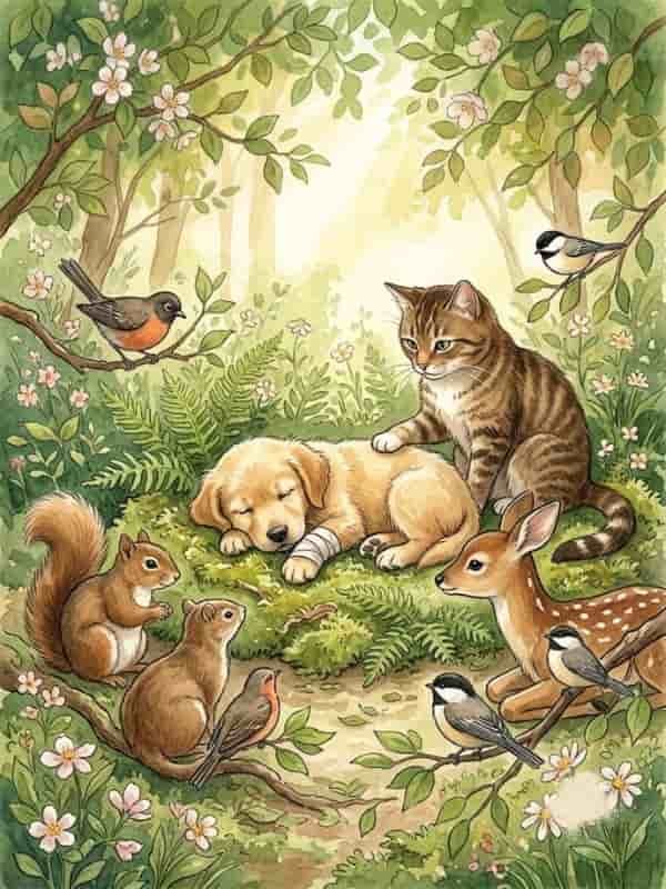 Watercolor illustration of a small golden puppy resting on a bed of moss in a sunlit forest with a bandaged paw, surrounded by gentle forest animals including a cat resting its paw on the puppy's back, a young fawn, squirrels, and small birds among blooming flowers and green foliage.