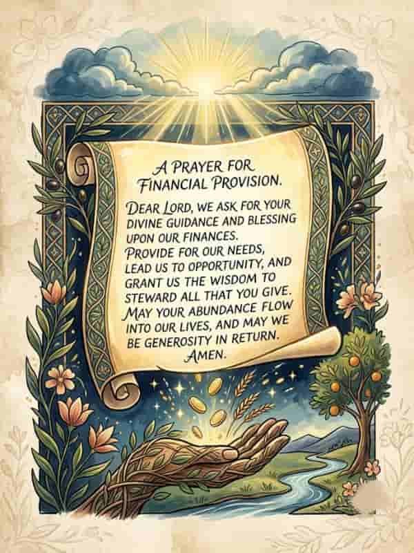 An infographic displaying Bible verses about money, provision, and financial blessings, centered around an open Bible surrounded by symbols of abundance, including cash, coins, fruit baskets, scrolls, and a cornucopia.