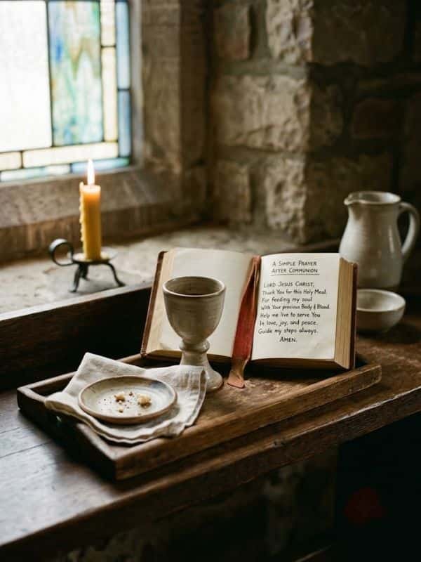 An open prayer book with "A Simple Prayer After Communion" printed on its page, resting beside a ceramic goblet and plate on a wooden table near a window.