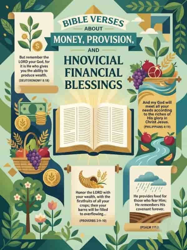 An infographic displaying Bible verses about money, provision, and financial blessings, centered around an open Bible surrounded by symbols of abundance, including cash, coins, fruit baskets, scrolls, and a cornucopia.