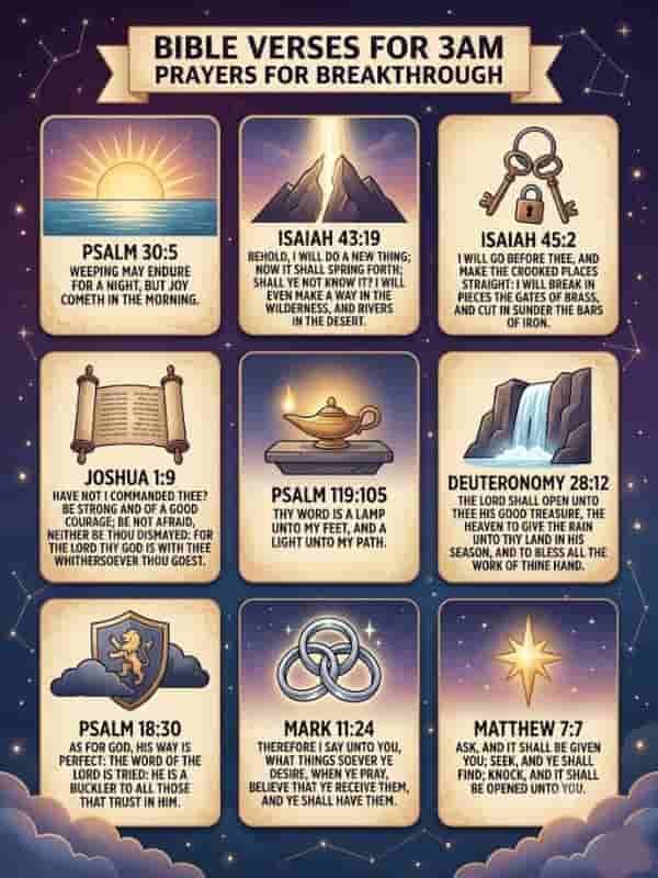 Infographic featuring nine key Bible verses for 3 AM prayers for breakthrough set against a starry night background. Icons like a sunrise, a split mountain, keys, a scroll, an oil lamp, a waterfall, a shield, linked rings, and a shining star illustrate scripture quotes from Psalms, Isaiah, Joshua, Deuteronomy, Mark, and Matthew.