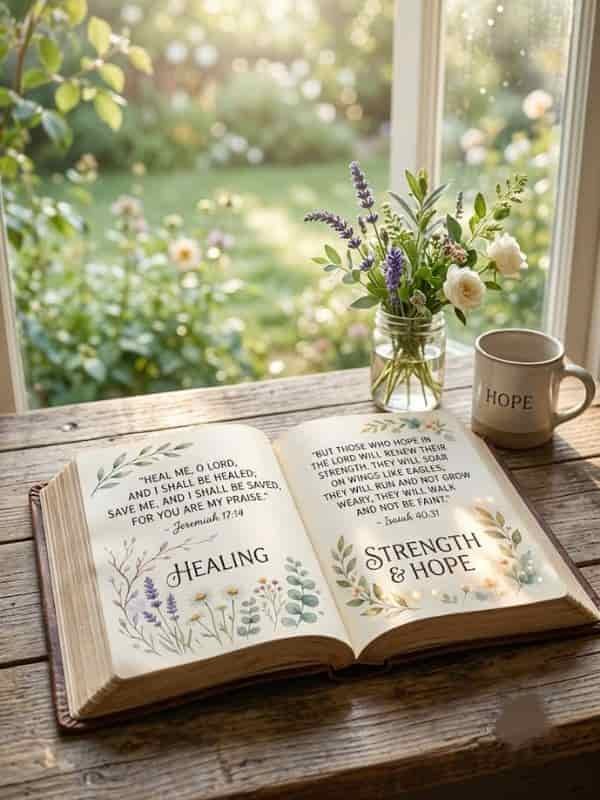 An open Bible on a wooden table near a sunlit window with a view of a lush garden. The scripture on the left page features Jeremiah 17:14 above the word "HEALING", and the right page features Isaiah 40:31 above the words "STRENGTH & HOPE", decorated with soft watercolor floral illustrations. Next to the Bible sits a glass jar of fresh lavender and white roses alongside a ceramic mug labeled "HOPE".