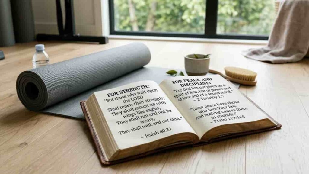 An open Bible displaying scripture verses about strength, peace, and discipline rests on a wooden floor next to a rolled-up gray Pilates mat.