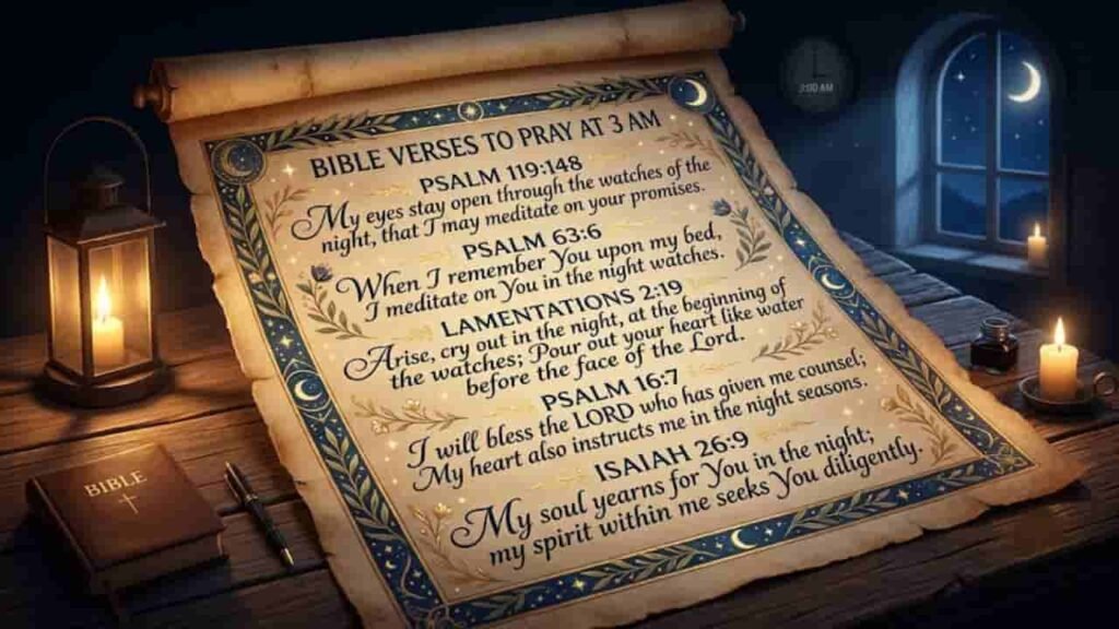 An antique paper scroll with ornamental gold borders resting on a wooden table, featuring written Bible verses to pray at 3 AM alongside a closed Bible, candles, and a night window view.