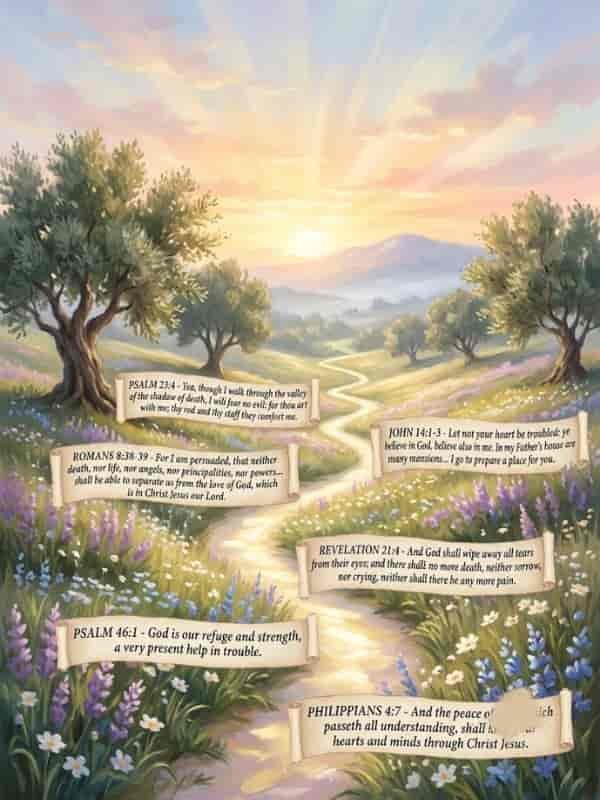 An illustrative painting of a winding golden path leading toward a soft, glowing sunrise over rolling hills and olive trees. Opened parchment scrolls displaying comforting Bible verses, including Psalm 23:4, John 14:1-3, Romans 8:38-39, and Revelation 21:4, are placed along a field of colorful wildflowers bordering the path.