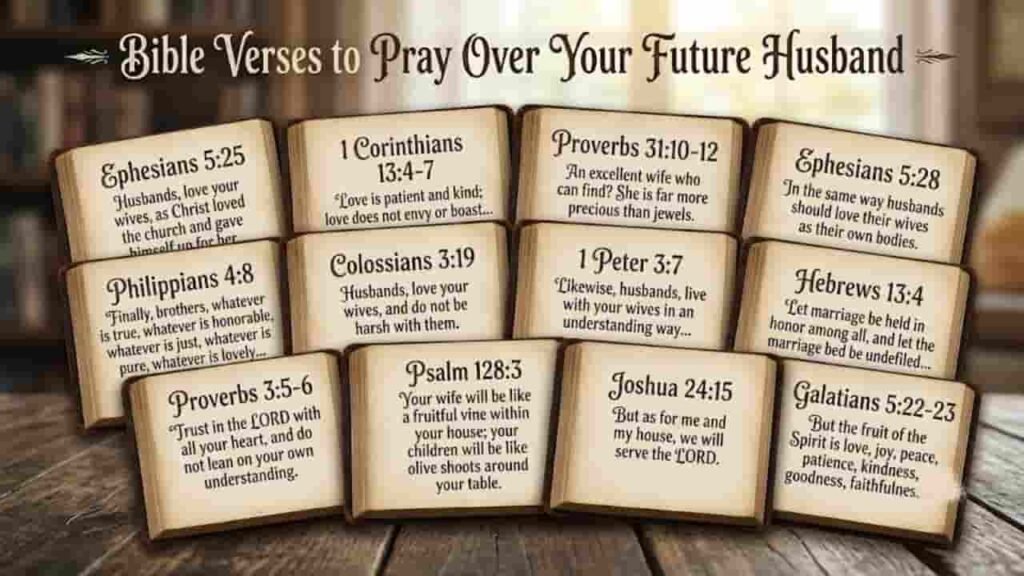 An arrangement of small open Bible-style cards on a wooden surface with the header 'Bible Verses to Pray Over Your Future Husband'. Each card features a scripture reference and verse excerpt, including Ephesians 5:25, 1 Corinthians 13:4-7, Proverbs 31:10-12, Ephesians 5:28, Philippians 4:8, Colossians 3:19, 1 Peter 3:7, Hebrews 13:4, Proverbs 3:5-6, Psalm 128:3, Joshua 24:15, and Galatians 5:22-23.