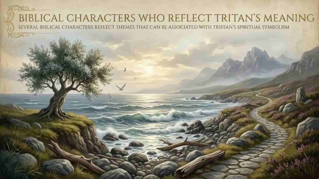 An artistic illustration featuring an olive tree overlooking a stormy sea and a winding stone path toward distant mountains, symbolizing Biblical characters and Tristan's spiritual meaning.