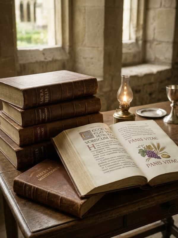 An open antique Bible displaying Latin script and illustrations of wheat and grapes sits on a rustic wooden table beside a stack of leather-bound books, an oil lamp, and sacred vessels.