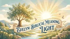 Illustration of an olive tree and glowing sun rays with a ribbon reading 'Evelyn: Biblical Meaning Light 'Biblical meaning of the name Evelyn Light".