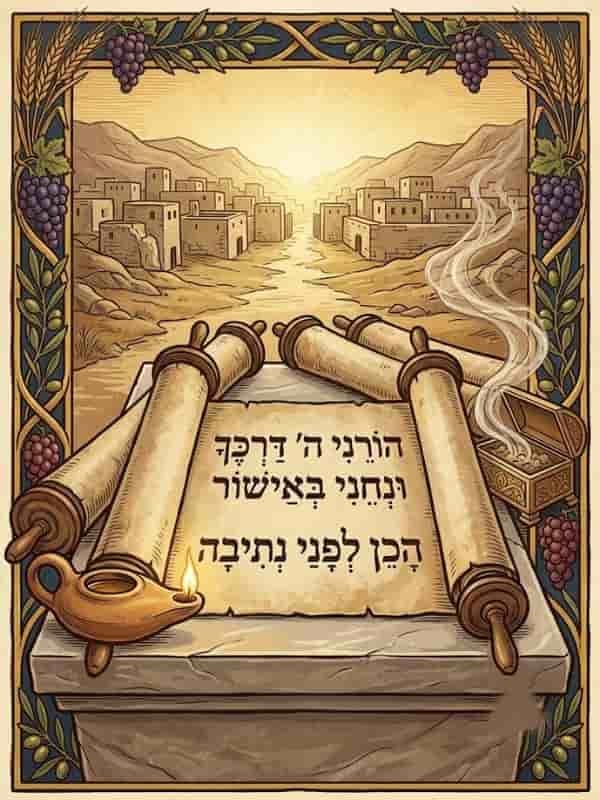An intricate biblical-style illustration featuring an open parchment scroll with Hebrew text resting on a stone altar. The scene includes a lit oil lamp, a small incense burner emitting smoke, and a decorative border with grapevine motifs, wheat, and olive branches framing a view of an ancient city.