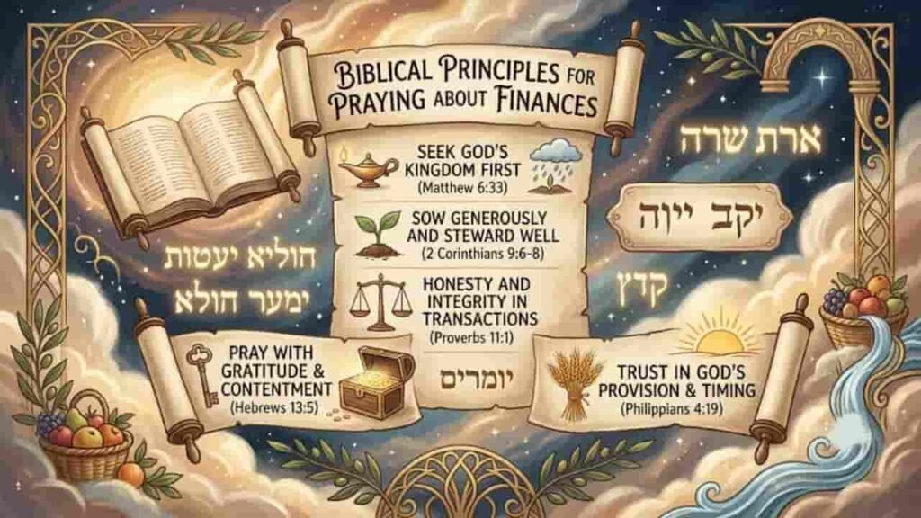 An artistic graphic titled "Biblical Principles for Praying About Finances" displayed on parchment scrolls against an illustrated background featuring Bibles, wheat, scales, a lamp, and a treasure chest.