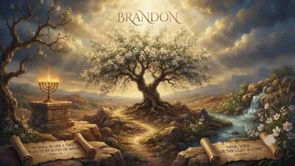 An illustrative 16:9 spiritual landscape depicting the name "Brandon" glowing above a flourishing tree rooted by a flowing stream. The scene includes a golden menorah on a stone altar, divine light breaking through dramatic clouds, and open ancient scrolls inscribed with biblical verses (Psalm 1:3 and Isaiah 60:1), completely free of human figures or crosses.