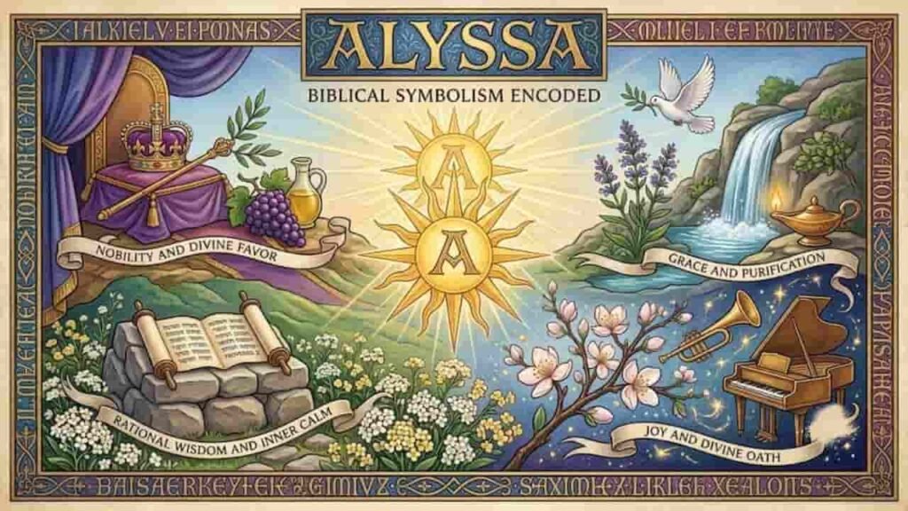 An illuminated manuscript style illustration detailing the biblical symbolism encoded in the name Alyssa, featuring four quadrants representing Nobility and Divine Favor, Grace and Purification, Rational Wisdom and Inner Calm, and Joy and Divine Oath, surrounded by symbolic elements like a crown, olive branch, dove, flower blossoms, and a scroll.