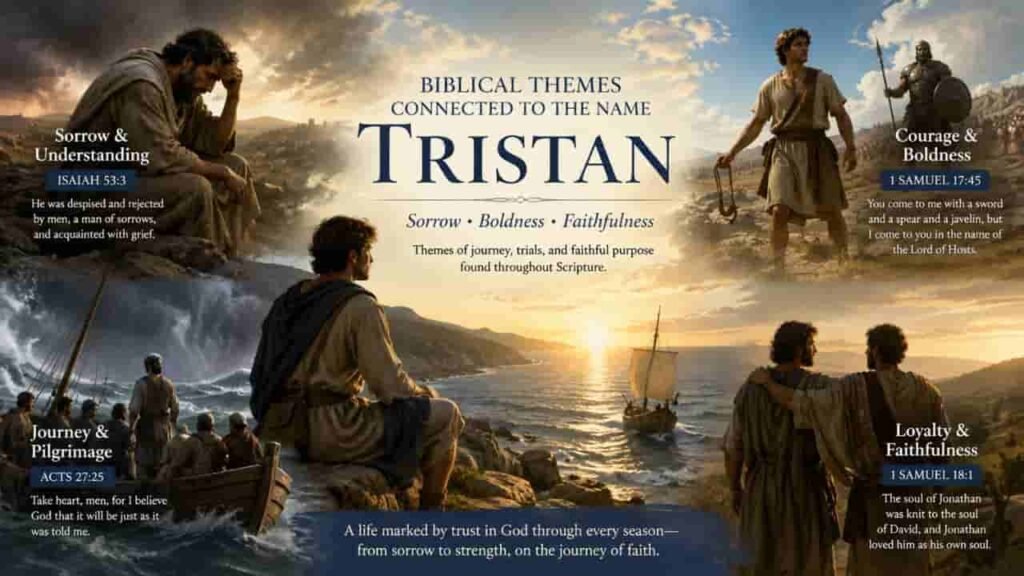 Biblical themes connected to the name Tristan, featuring symbolic scenes of sorrow, courage, faithfulness, and a spiritual journey inspired by Scripture.