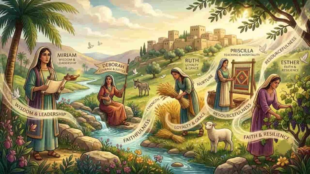 An detailed artwork showcasing Biblical women—Miriam, Deborah, Ruth, Priscilla, and Esther—in a landscape setting, with ribbon-like banners highlighting themes of wisdom, courage, loyalty, and faith.