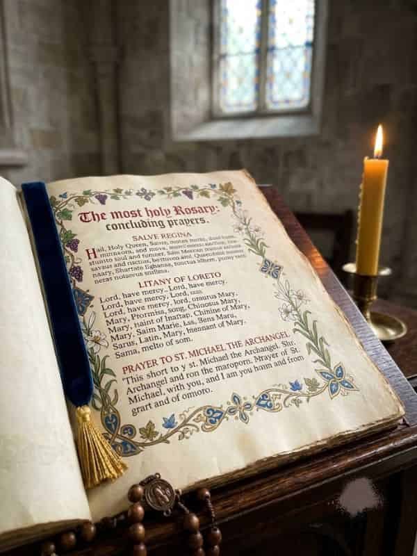 An open antique book displaying concluding prayers for the Rosary, set on a wooden lectern alongside a lit yellow candle and wooden rosary beads.
