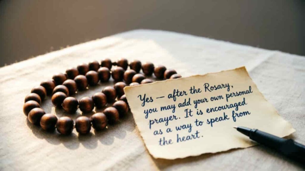 Wooden rosary beads resting on a linen cloth beside a handwritten note and pen. The note reads: 'Yes — after the Rosary, you may add your own personal prayer. It is encouraged as a way to speak from the heart.' This image illustrates that adding personal prayers after the Rosary is a cherished Catholic tradition 
