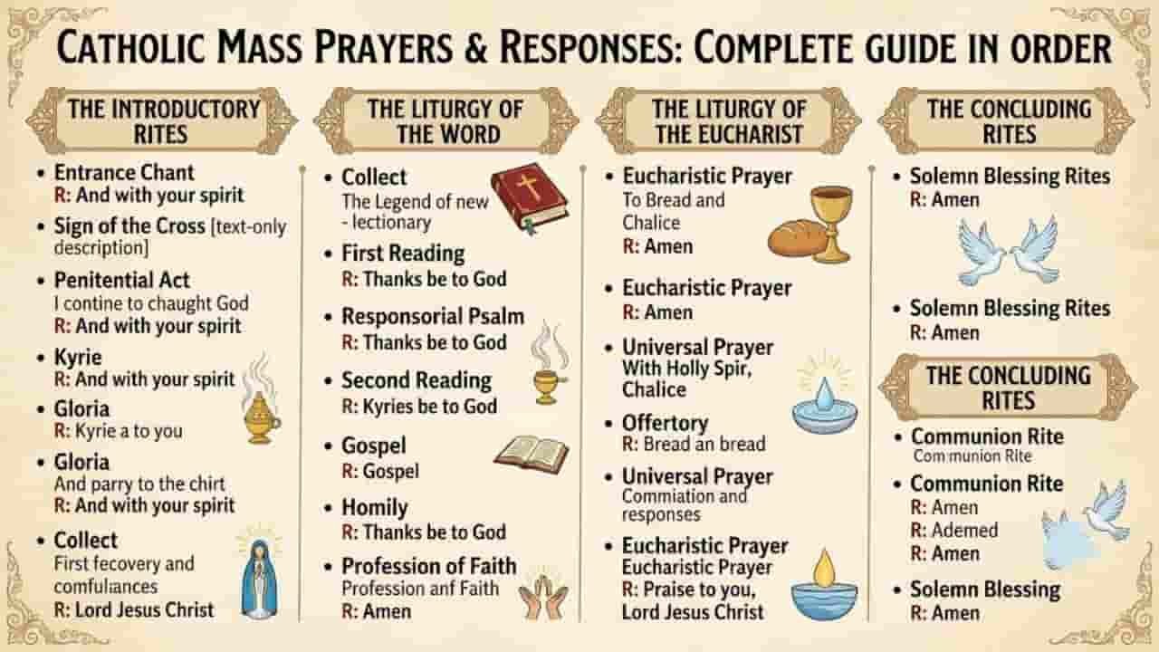 A comprehensive visual guide showing the sequence of Catholic Mass prayers and responses, organized into four main sections: The Introductory Rites, The Liturgy of the Word, The Liturgy of the Eucharist, and The Concluding Rites "catholic mass prayers and responses".