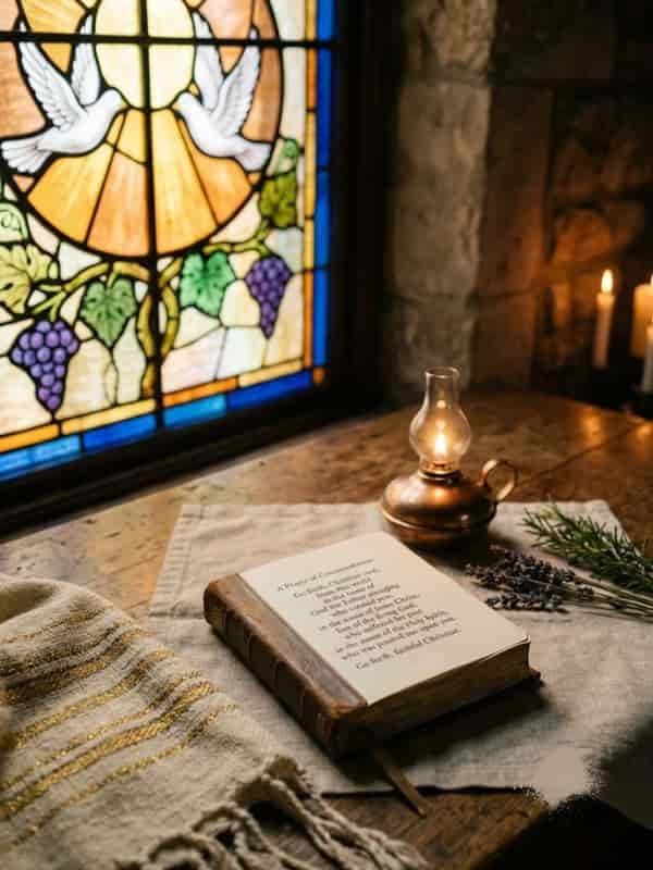 An open prayer book with Christian end-of-life prayers rests on a linen cloth beside an oil lamp, set before a stained glass window depicting white doves and grapevines.
