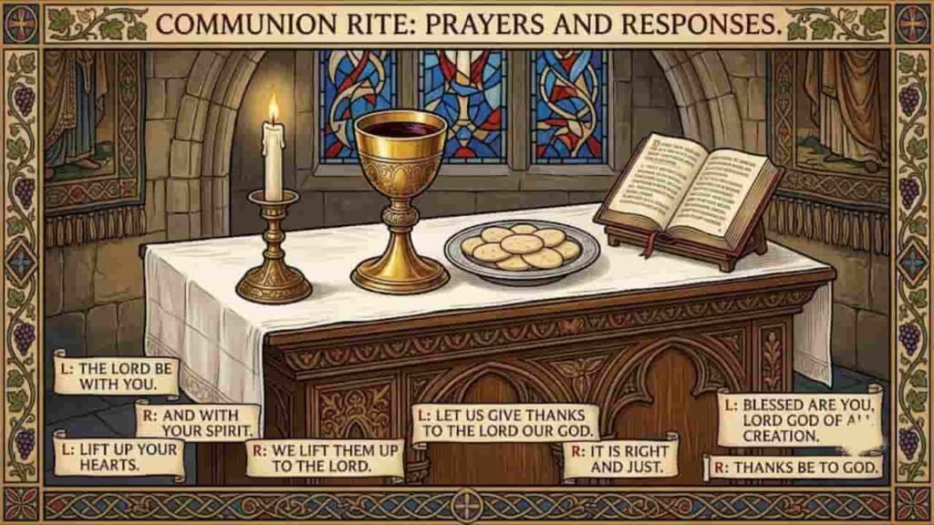 An altar table set with a golden chalice of wine, a plate of communion wafers, a burning candle, and an open liturgical book, framed by illuminated stained-glass windows and decorative borders with dialogue scrolls showing Leader and Response prayers for the Communion Rite.