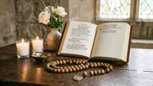 An open prayer book displaying concluding prayers resting on a wooden table alongside wooden rosary beads, glowing votive candles, and white flowers in a vase "concluding prayers of the rosary".