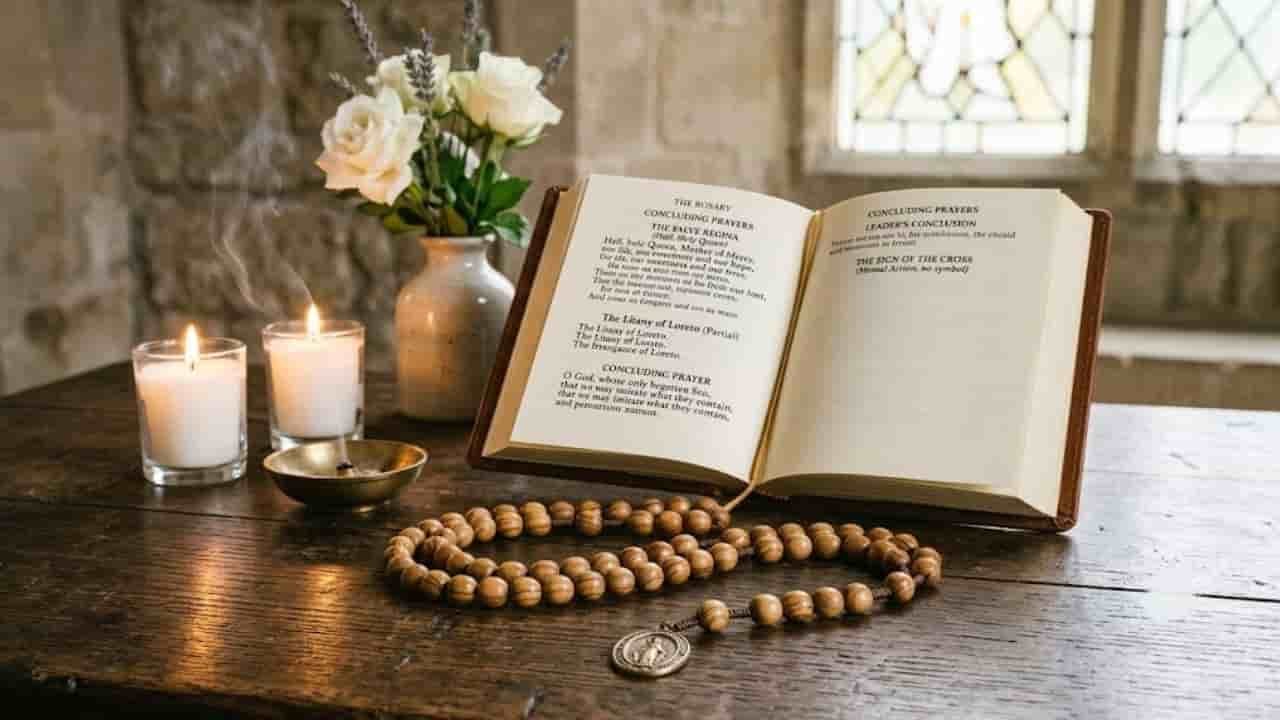 An open prayer book displaying concluding prayers resting on a wooden table alongside wooden rosary beads, glowing votive candles, and white flowers in a vase "concluding prayers of the rosary".