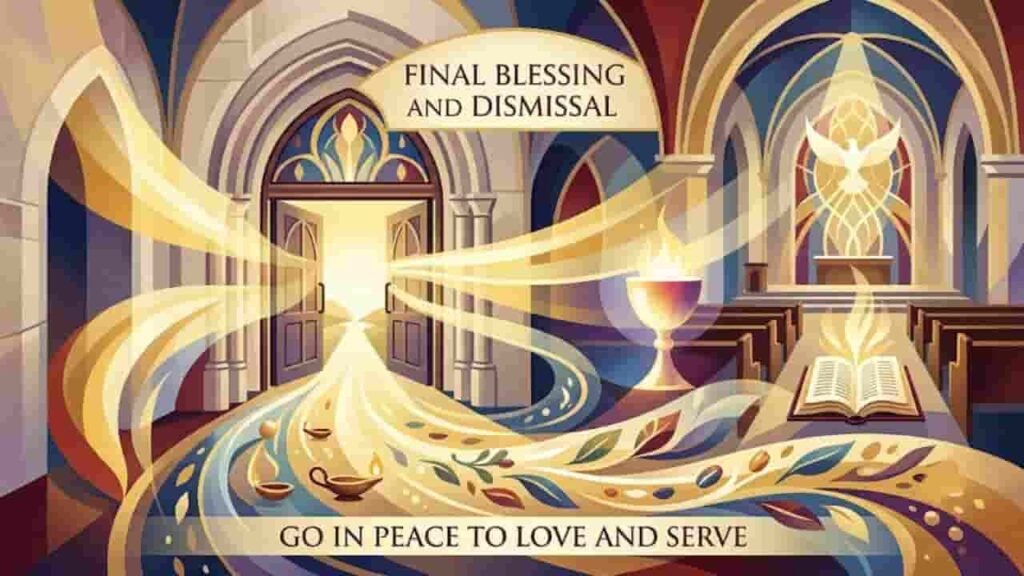 An illustration of a church sanctuary featuring open doors, radiant light, a glowing dove, and text reading "Final Blessing and Dismissal" and "Go in Peace to Love and Serve."
