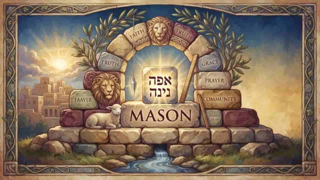 A biblical art illustration featuring an arched stone wall with the name Mason, olive branches, a lion carving, a gentle lamb, and a sunrise over an ancient city.
