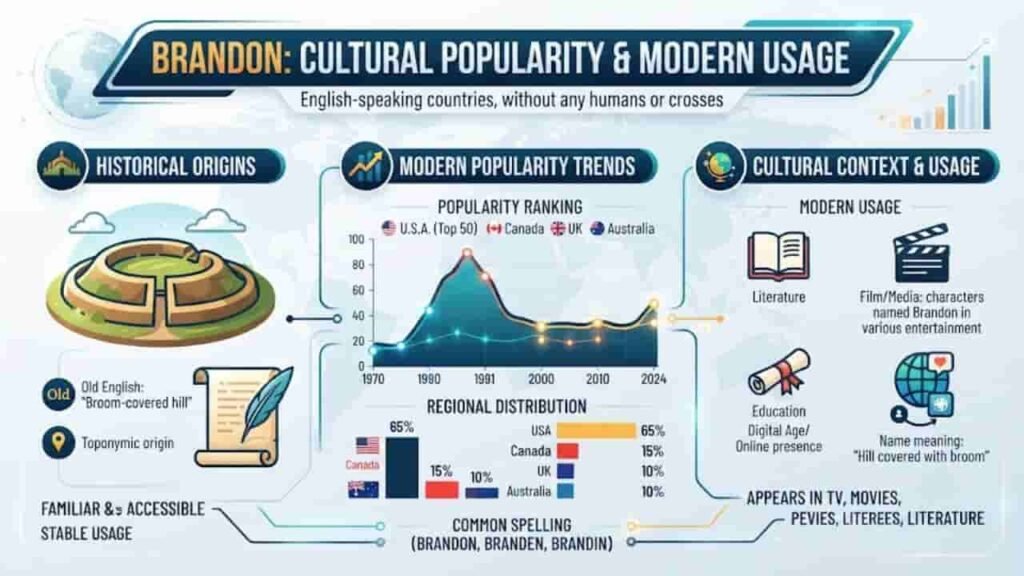 Infographic titled "Brandon: Cultural Popularity & Modern Usage," featuring historical origins (Old English meaning "broom-covered hill"), modern popularity trends from 1970 to 2024 across the USA, Canada, UK, and Australia, and cultural context in literature and media, entirely free of human figures or religious crosses.