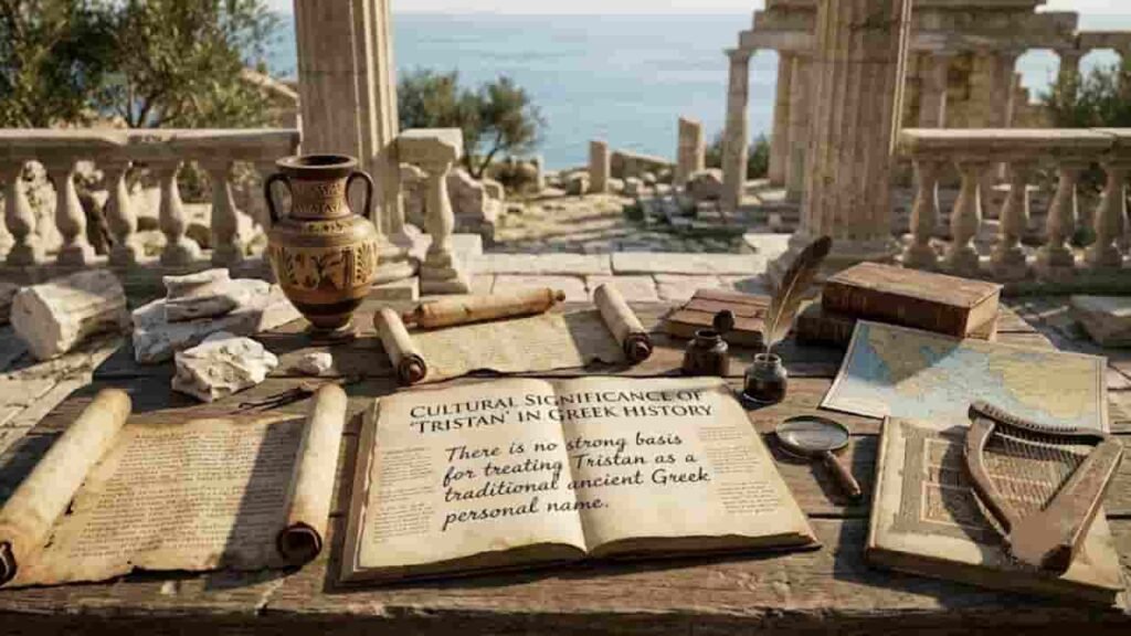 Historical manuscripts, open leather-bound book, ancient scrolls, and Greek ruins overlooking the sea, illustrating the lack of traditional basis for the name Tristan in ancient Greek history.